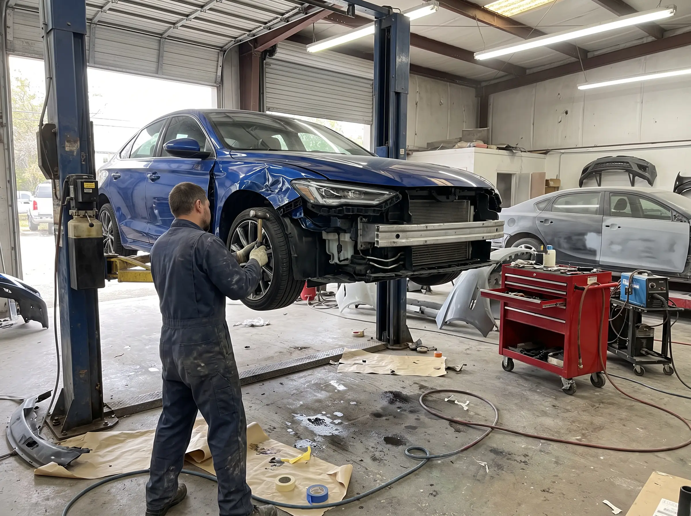 Body technician working on the damaged front of a blue sedan on a lift in a busy repair shop