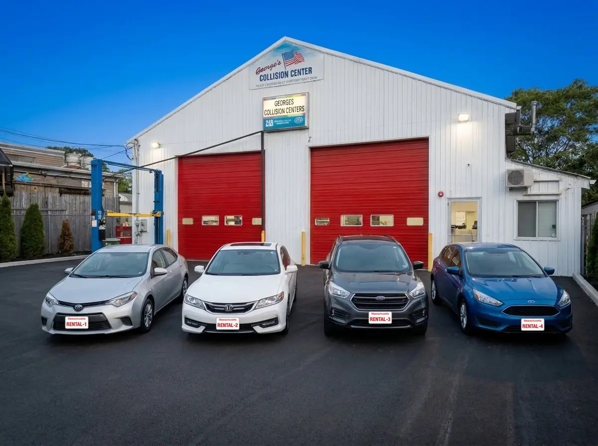 Four rental cars parked in front of George's Collision Centers in Revere, MA